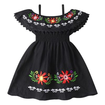 1IMEKIS Mexican Dress for Girls: Baby Fiesta Outfit Traditional Toddler Fiesta Dress Party Kids Ethnic Wear Summer Flower Embroidery Cinco De Mayo UNO Birthday Cake Smash Photoshoot Black 12-18 Months