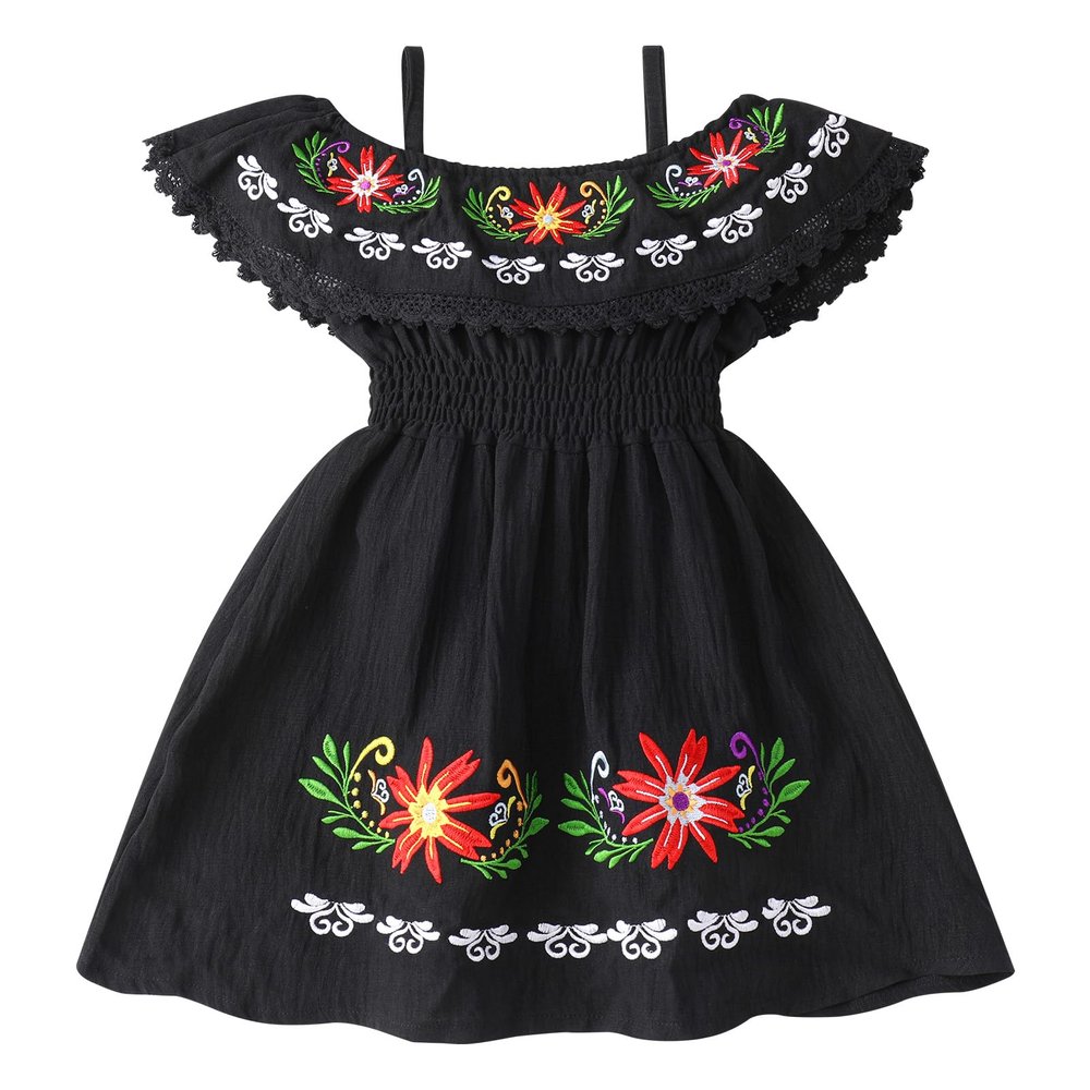 1IMEKIS Mexican Dress for Girls: Baby Fiesta Outfit Traditional Toddler Fiesta Dress Party Kids Ethnic Wear Summer Flower Embroidery Cinco De Mayo UNO Birthday Cake Smash Photoshoot Black 12-18 Months