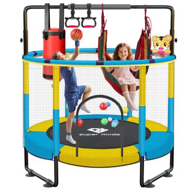 55" Indoor & Outdoor Trampoline for Kids with Enclosure, Toddler Trampoline with Adjustable Gymnastics Bar & Toys, No-Gap Safety Design (Blue&Yellow)