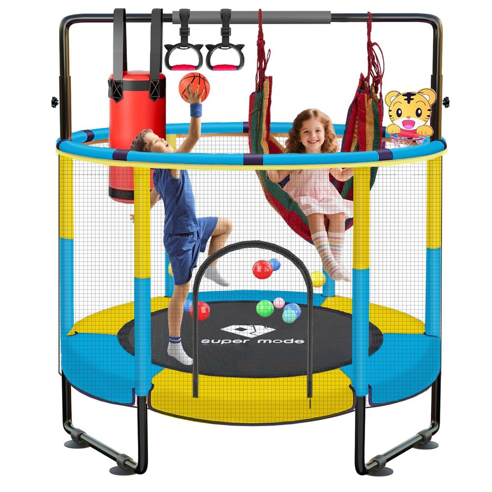 55" Indoor & Outdoor Trampoline for Kids with Enclosure, Toddler Trampoline with Adjustable Gymnastics Bar & Toys, No-Gap Safety Design (Blue&Yellow)
