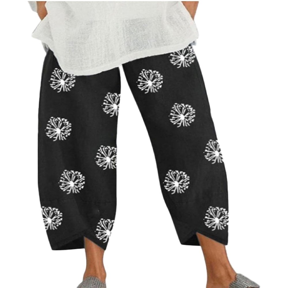 BIVENANT Black Linen Pants Women Summer Casual Loose Pants Cotton Pants Wide Leg Pants Elastic Waist Pants Capri Pants Cropped Pants