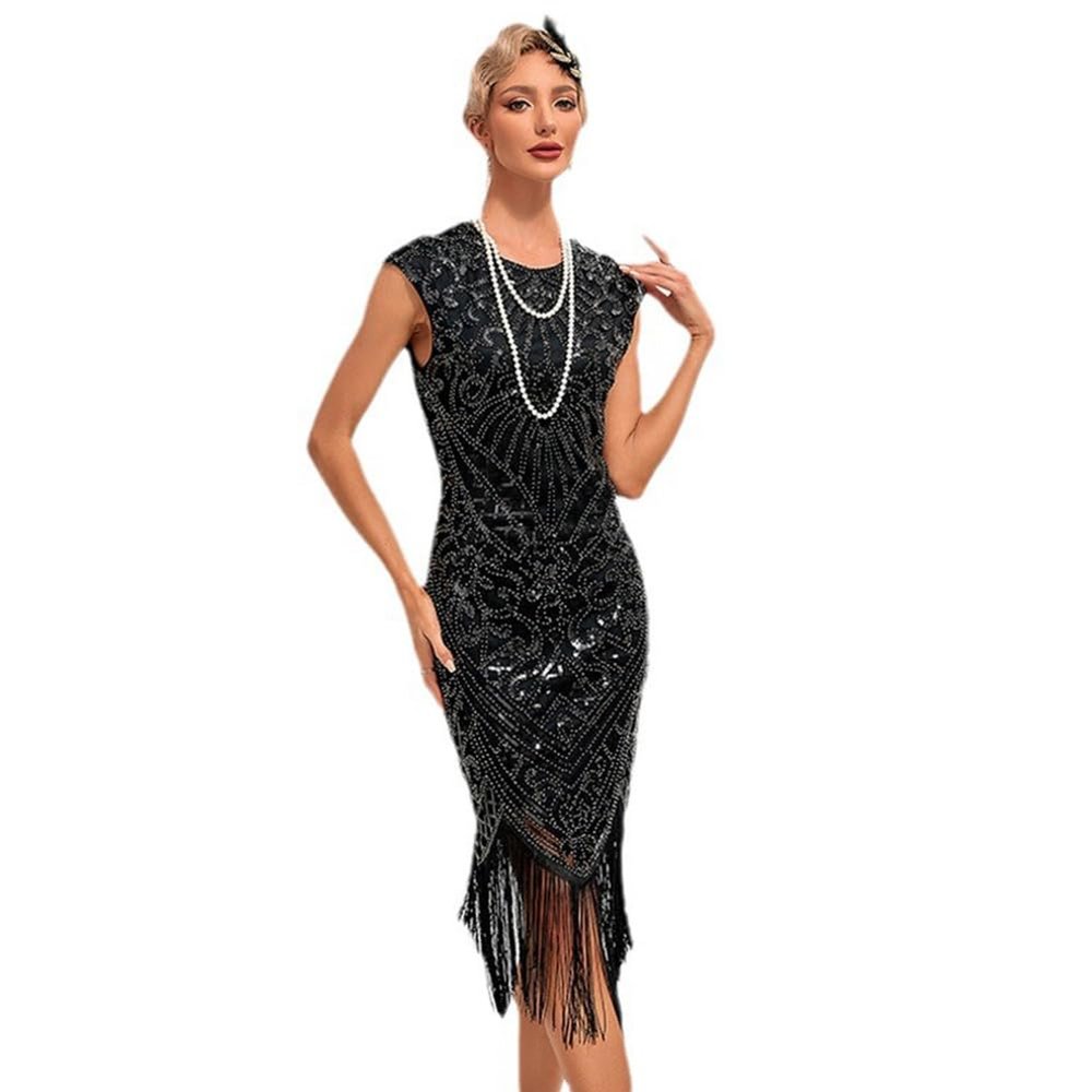 ABEWIP 1920s Flapper Dresses for Women Great Gatsby Roaring 20s Dresses Sparkle Sequin Fringe Vintage Cocktail Club Party Dress Black Silver 3XL