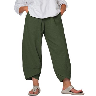 BIVENANT Green Linen Pants for Women Cotton Pants Casual Summer Pants Capri Pants Elastic Waist Pants Wide Leg Trousers Cropped Pants