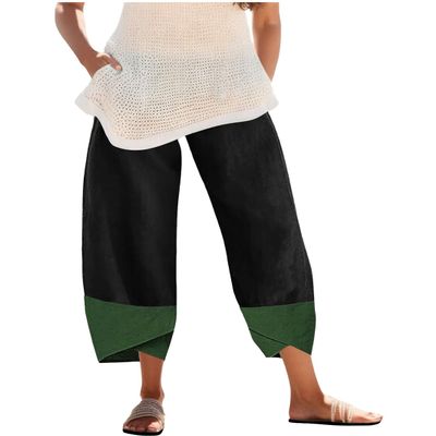 BIVENANT Women's Modern Boho Black, Green Cotton Linen Capri Pants with Elastic High Waist, Wide Leg, Side Pockets, Casual, All Seasons