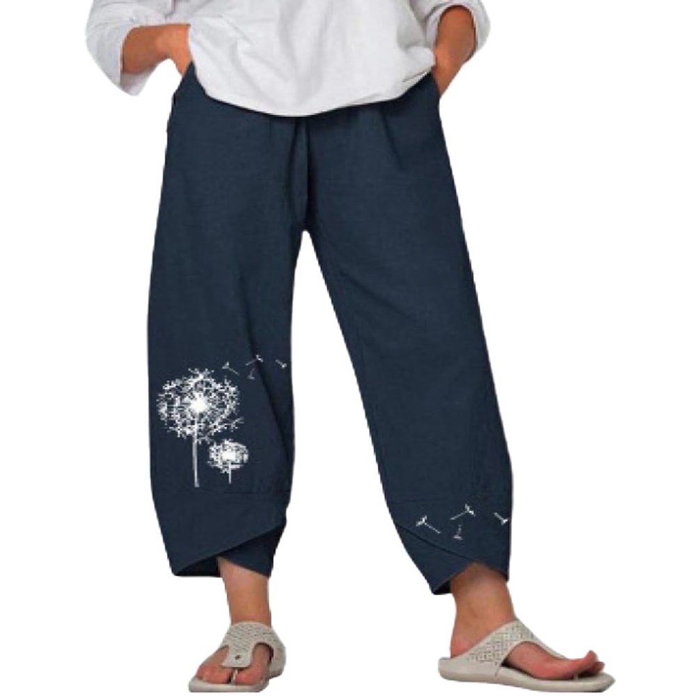 BIVENANT Navy Blue Linen Pants Women Summer Casual Loose Pants Cotton Pants Wide Leg Pants Elastic Waist Pants Capri Pants Cropped Pants