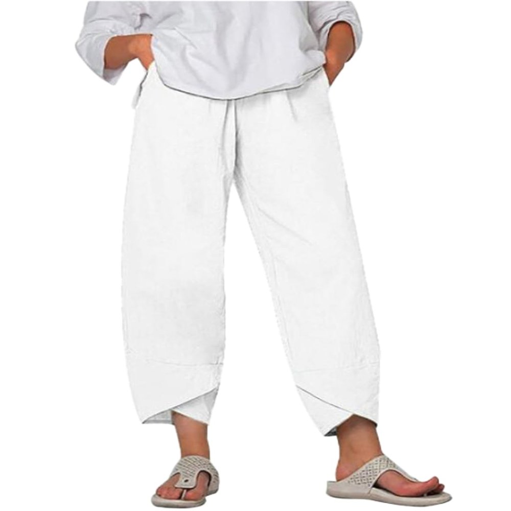 BIVENANT White Elastic Waist Pants Wide Leg Cropped Pants Linen Pants Cotton Pants Capri Pants for Women Casual Summer