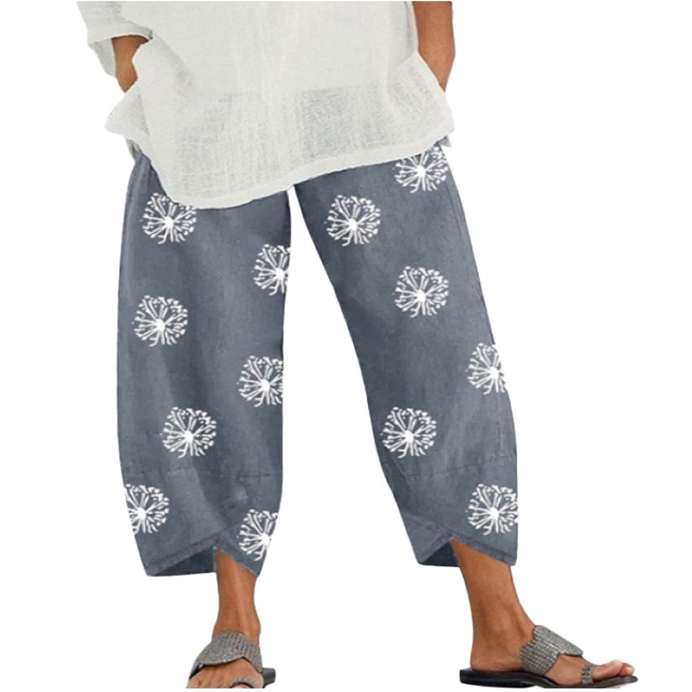 BIVENANT Grey Linen Pants for Women Cotton Pants Casual Summer Pants Capri Pants Elastic Waist Pants Wide Leg Trousers Cropped Pants