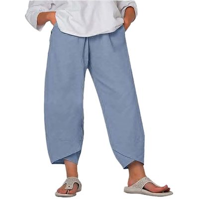 BIVENANT Women's Linen Pants Summer Casual Wide Leg Elastic Waist Capri Cropped Pants Azure Blue 5X-Large
