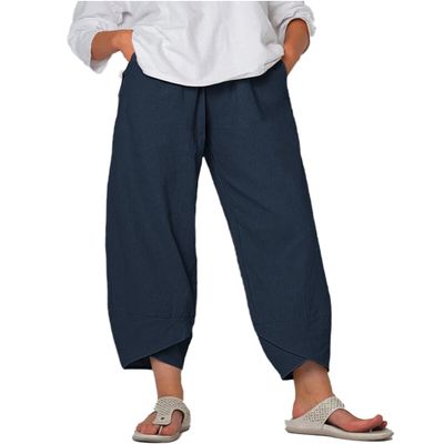 BIVENANT Navy Blue Elastic Waist Pants Wide Leg Cropped Pants Linen Pants Cotton Pants Capri Pants for Women Casual Summer