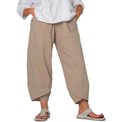 BIVENANT Women's Beige Cotton/Linen Capri Pants - Wide Leg, High Waisted, Elastic Waist, Casual, Lightweight, Breathable, Perfect for Beach, Work, Casual, Yoga, Vacation - XX-Large