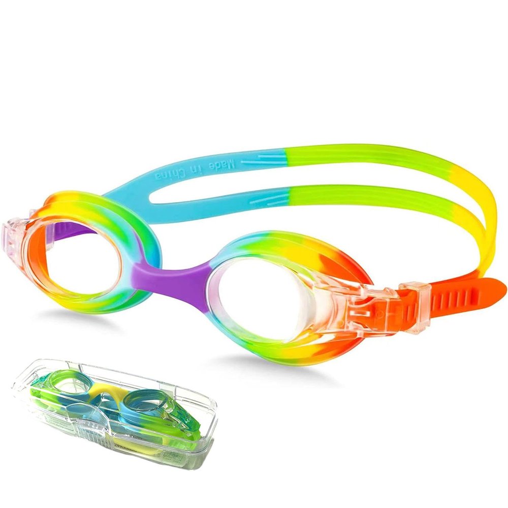 JunnKay Swimming Goggles for Kids Crystal Clear Vision No Leak Anti Fog UV Protection Swim Goggles Free Protection Case for Children Teens Cute Cartoon Styles Rainbow SG7B