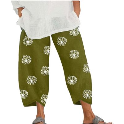 BIVENANT Women's Green Cotton Linen Floral Palazzo Pants, 3XL, High Waisted, Wide Leg, Elastic Waist, Casual, Yoga, Beach, Work, Vacation