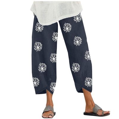 BIVENANT Grey Linen Pants for Women Cotton Pants Casual Summer Pants Capri Pants Elastic Waist Pants Wide Leg Trousers Cropped Pants