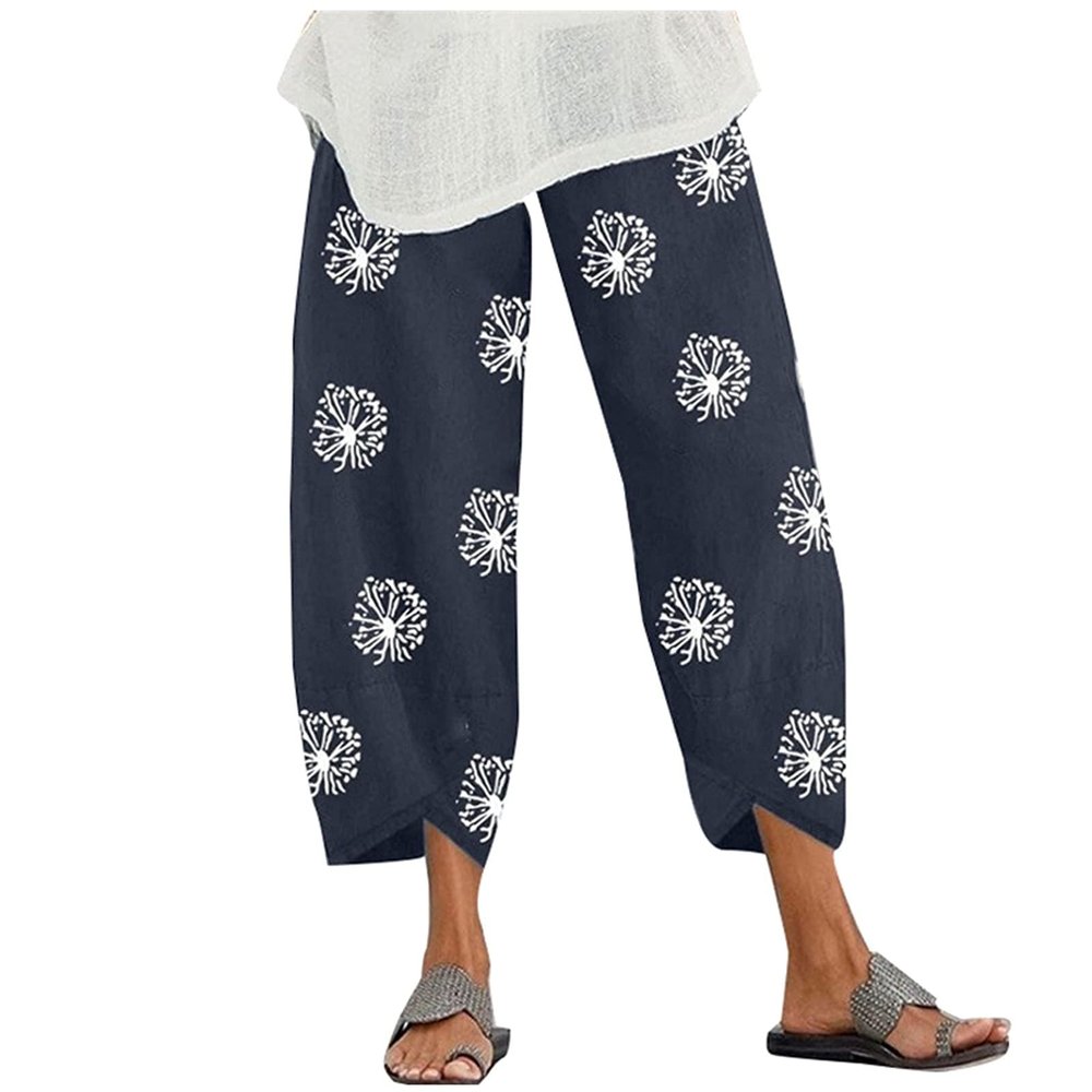 BIVENANT Grey Linen Pants for Women Cotton Pants Casual Summer Pants Capri Pants Elastic Waist Pants Wide Leg Trousers Cropped Pants
