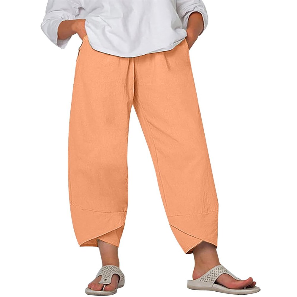 BIVENANT Orange Linen Pants for Women Cotton Pants Casual Summer Pants Capri Pants Elastic Waist Pants Wide Leg Trousers Cropped Pants
