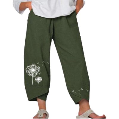 BIVENANT Green Linen Pants for Women Cotton Pants Casual Summer Pants Capri Pants Elastic Waist Pants Wide Leg Trousers Cropped Pants