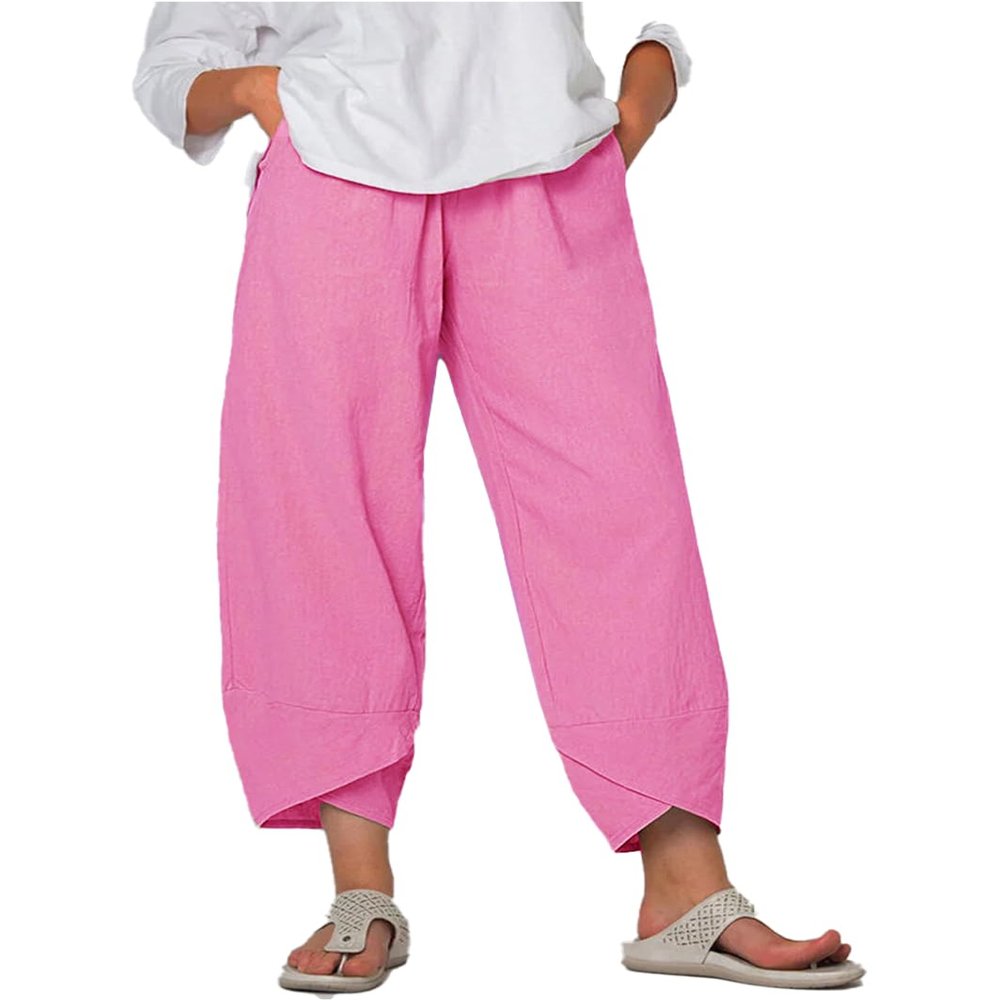 BIVENANT Pink Cotton Pants Casual Pants Summer Pants Capri Pants Elastic Waist Pants Cropped Wide Leg Pants Linen Trousers for Women