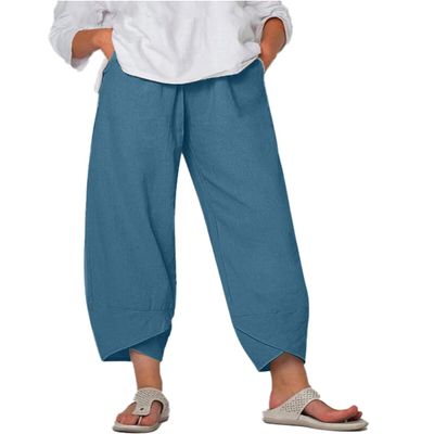 BIVENANT Blue Linen Pants Women Summer Casual Loose Pants Cotton Pants Wide Leg Pants Elastic Waist Pants Capri Pants Cropped Pants