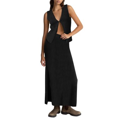 ZINTAOZT Women Summer 2 Piece Skirt Outfit V Neck Button Tank Top Vest Bodycon Knit Maxi Long Skirt Set Waffle Dress Suit (A1 Black, S)