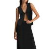 ZINTAOZT Women Summer 2 Piece Skirt Outfit V Neck Button Tank Top Vest Bodycon Knit Maxi Long Skirt Set Waffle Dress Suit (A1 Black, S) view 2