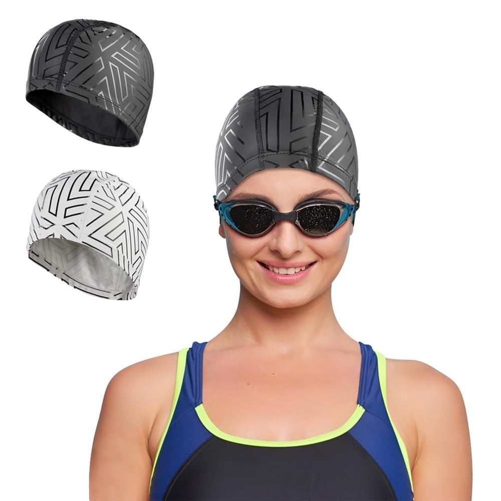 HAOZAIKEJI 2 Pack Swim Cap PU Waterproof Swimming Cap High Elastic Bathing Cap Men Women Swimming Beach Cap for Short Long Hair