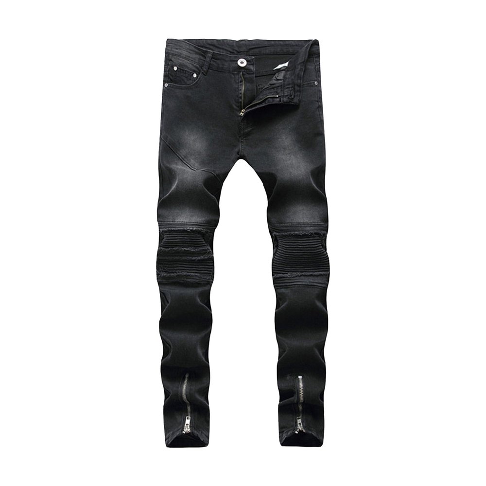SWJGLITTR Mens Biker Zipper Distressed Jeans Slim Fit Ripped Jean Pants Destroyed Straight Men Denim Pants (Black,28)