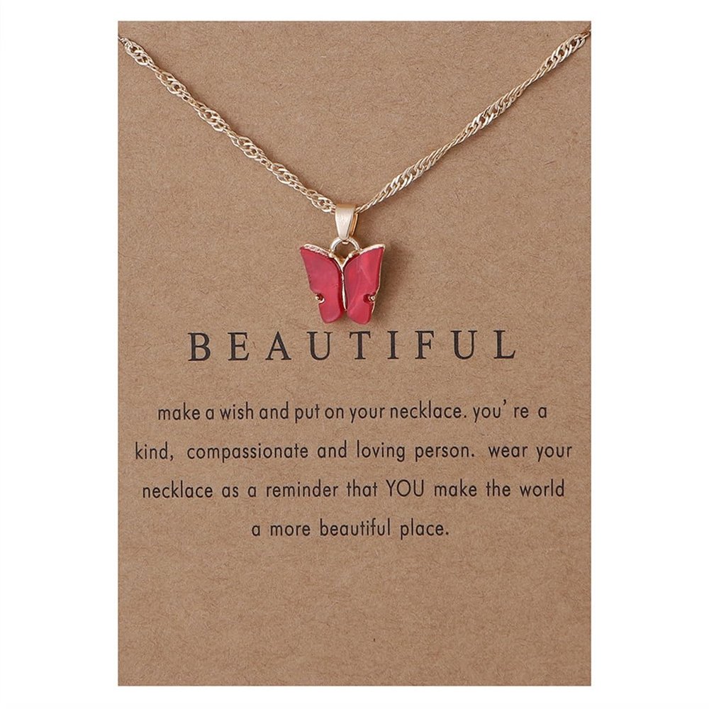Nexoluxa Butterfly Necklaces for Women Pink Gifts Pendant Necklace Cute Colorful Butterfly Necklace Jewelry Age 12 Friendship Gifts with Wish Card A - Red