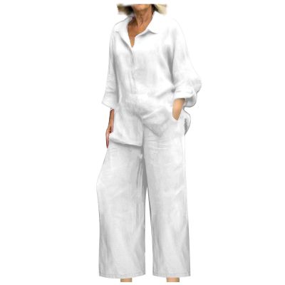 2024 summer fashion trends women Linen 2 Piece Sets For Women Summer 2024 Loose Long Sleeve Shirts Wide Leg Pant Matching Set Plus Size Vacation Outfits women track suits 2 piece set White S
