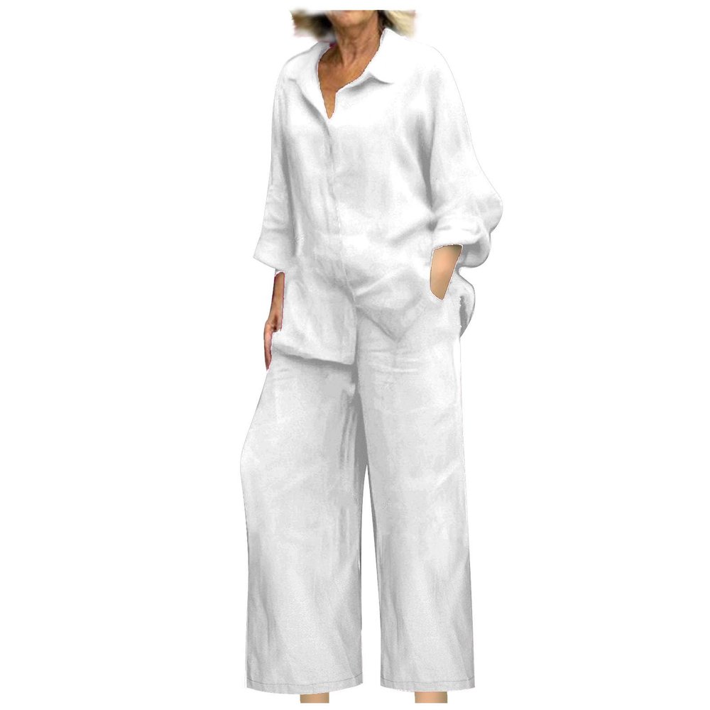 2024 summer fashion trends women Linen 2 Piece Sets For Women Summer 2024 Loose Long Sleeve Shirts Wide Leg Pant Matching Set Plus Size Vacation Outfits women track suits 2 piece set White S