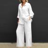 2024 summer fashion trends women Linen 2 Piece Sets For Women Summer 2024 Loose Long Sleeve Shirts Wide Leg Pant Matching Set Plus Size Vacation Outfits women track suits 2 piece set White S view 2