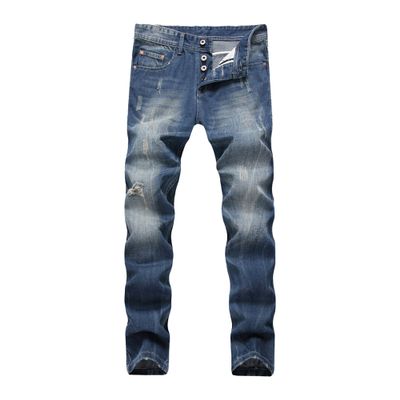 Men's Casual Distress Jeans Straight Fit Washed Denim Pants Destroyed Ripped Tapered Vintage Jean (Blue,34)
