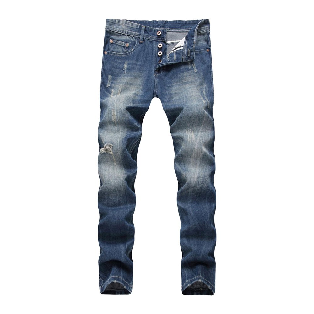 Men's Casual Distress Jeans Straight Fit Washed Denim Pants Destroyed Ripped Tapered Vintage Jean (Blue,34)