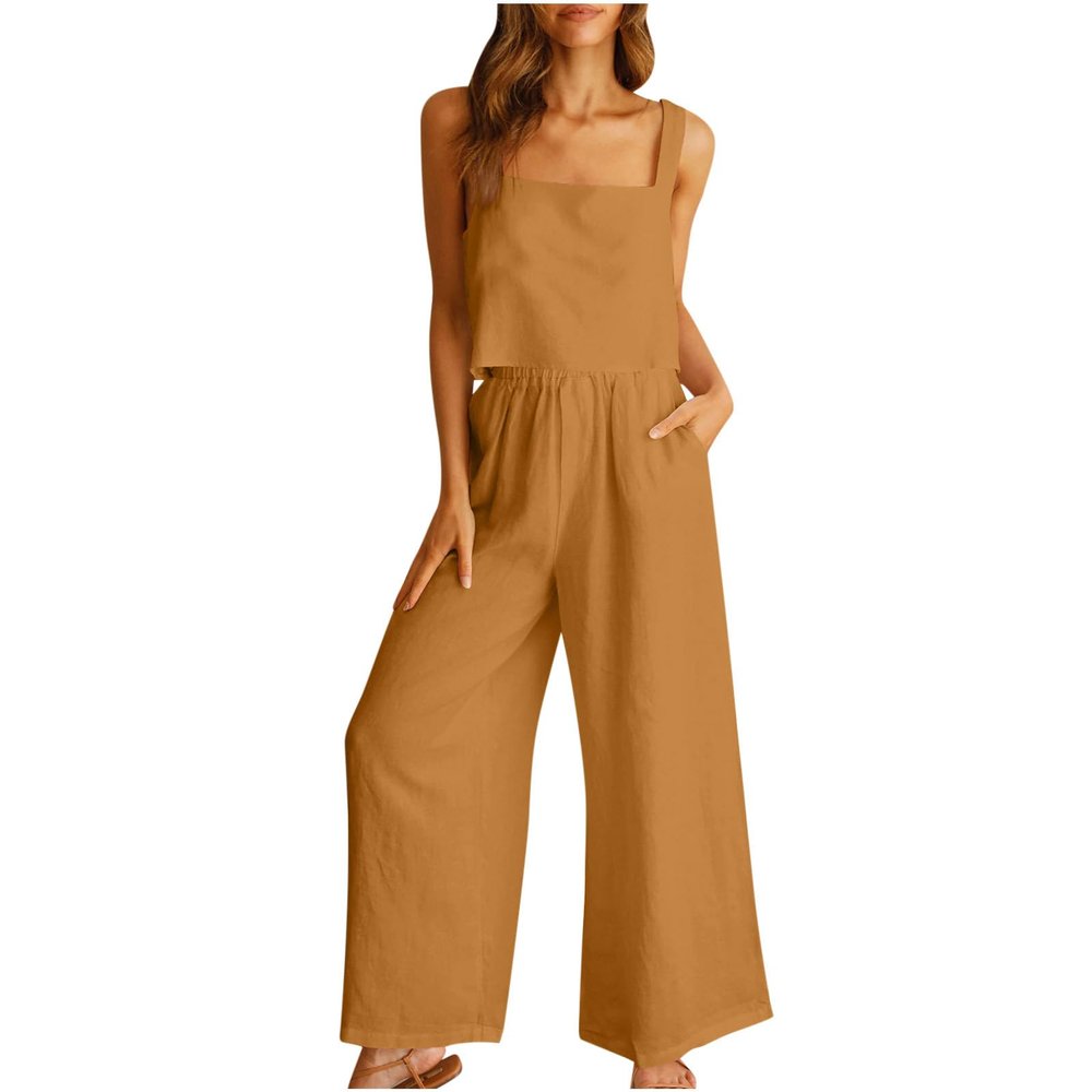 2 piece outfits for women Linen Two Piece Sets For Women Summer Beach Vacation Outfits 2024 Crop Tank Top Wide Leg Pants Matching Lounge Set pant suits for women dressy Yellow 3X