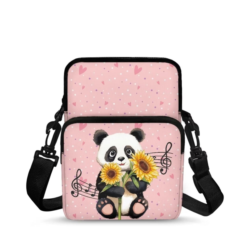 TSOVTHRID Panda Sunflower Music Notes Love Dots Crossbody Bag for Kids Girls Boys, 2 Layer Lightweight Shoulder Bag Messenger Sling Bags for Cell Phone Passport Wallet