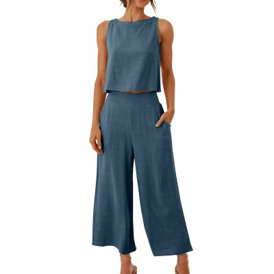 2 piece lounge set women summer Summer Vacation 2 Piece Outfits For Women 2024 Sleeveless Crop Top Capri Wide Leg Pants Matching Lounge Set Linen Sets sweat outfits for women 2 pieces Dark Blue 3X
