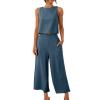 2 piece lounge set women summer Summer Vacation 2 Piece Outfits For Women 2024 Sleeveless Crop Top Capri Wide Leg Pants Matching Lounge Set Linen Sets sweat outfits for women 2 pieces Dark Blue 3X view 1
