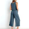 2 piece lounge set women summer Summer Vacation 2 Piece Outfits For Women 2024 Sleeveless Crop Top Capri Wide Leg Pants Matching Lounge Set Linen Sets sweat outfits for women 2 pieces Dark Blue 3X view 2