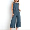 2 piece lounge set women summer Summer Vacation 2 Piece Outfits For Women 2024 Sleeveless Crop Top Capri Wide Leg Pants Matching Lounge Set Linen Sets sweat outfits for women 2 pieces Dark Blue 3X view 3