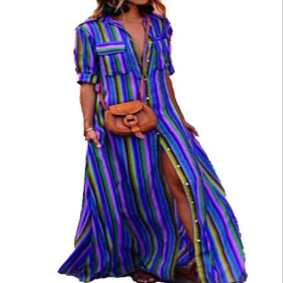 Women's Striped Print Shirt Dress Sexy Deep V Neck Short Sleeve Colorful Bohemian Dress Button Down Rainbow Vintage Boho Long Beach Dress with Pockets,XL