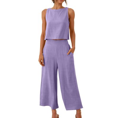 SMIDOW two piece jumpsuits for women Summer Vacation 2 Piece Outfits For Women 2024 Sleeveless Crop Top Capri Wide Leg Pants Matching Lounge Set Linen Sets summer 2 piece sets for women Purple S