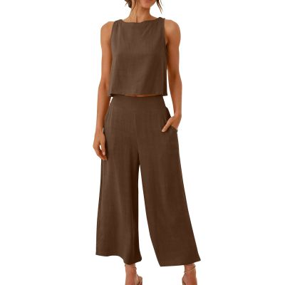 SMIDOW womens two piece outfits dressy Summer Vacation 2 Piece Outfits For Women 2024 Sleeveless Crop Top Capri Wide Leg Pants Matching Lounge Set Linen Sets sweat set for women Coffee S