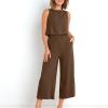 SMIDOW womens two piece outfits dressy Summer Vacation 2 Piece Outfits For Women 2024 Sleeveless Crop Top Capri Wide Leg Pants Matching Lounge Set Linen Sets sweat set for women Coffee S view 3
