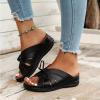 2024 Summer Wide Width Leather Platform Wedge Slides Heels,Fashion Bow Tie Decorative Open Toe Sandal Anti-Slip Breathable Walking Slippers with Arch Support Comfortable Slip On Slippers view 4