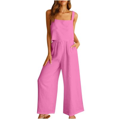 2 piece casual sets for women Linen Two Piece Sets For Women Summer Beach Vacation Outfits 2024 Crop Tank Top Wide Leg Pants Matching Lounge Set womens lounge sets Hot Pink 3X