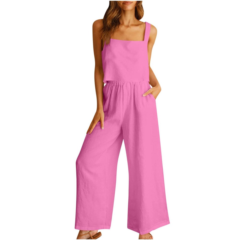2 piece casual sets for women Linen Two Piece Sets For Women Summer Beach Vacation Outfits 2024 Crop Tank Top Wide Leg Pants Matching Lounge Set womens lounge sets Hot Pink 3X