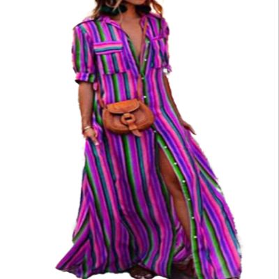 Women's Striped Print Shirt Dress Sexy Deep V Neck Short Sleeve Colorful Bohemian Dress Button Down Rainbow Vintage Boho Long Beach Dress with Pockets,L