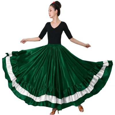 Women's Green Long Mexican Folkloric Flamenco Dance Skirt with Ruffles for Party Class Performance Full Dancing Circle (White)