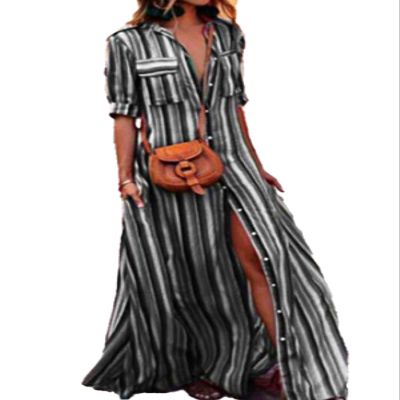 Women's Striped Print Shirt Dress Sexy Deep V Neck Short Sleeve Colorful Bohemian Dress Button Down Rainbow Vintage Boho Long Beach Dress with Pockets,L