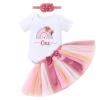 Baby Girls 1st Birthday Outfit Short Sleeve Flower Rainbow Boho Print White Romper Colourful Tutu Skirt with Headband Toddle Cake Smash Summer Clothes for Photo Shoot 3PCS Dusty Pink One 9-12 Months view 1