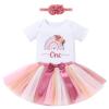 Baby Girls 1st Birthday Outfit Short Sleeve Flower Rainbow Boho Print White Romper Colourful Tutu Skirt with Headband Toddle Cake Smash Summer Clothes for Photo Shoot 3PCS Dusty Pink One 9-12 Months view 2